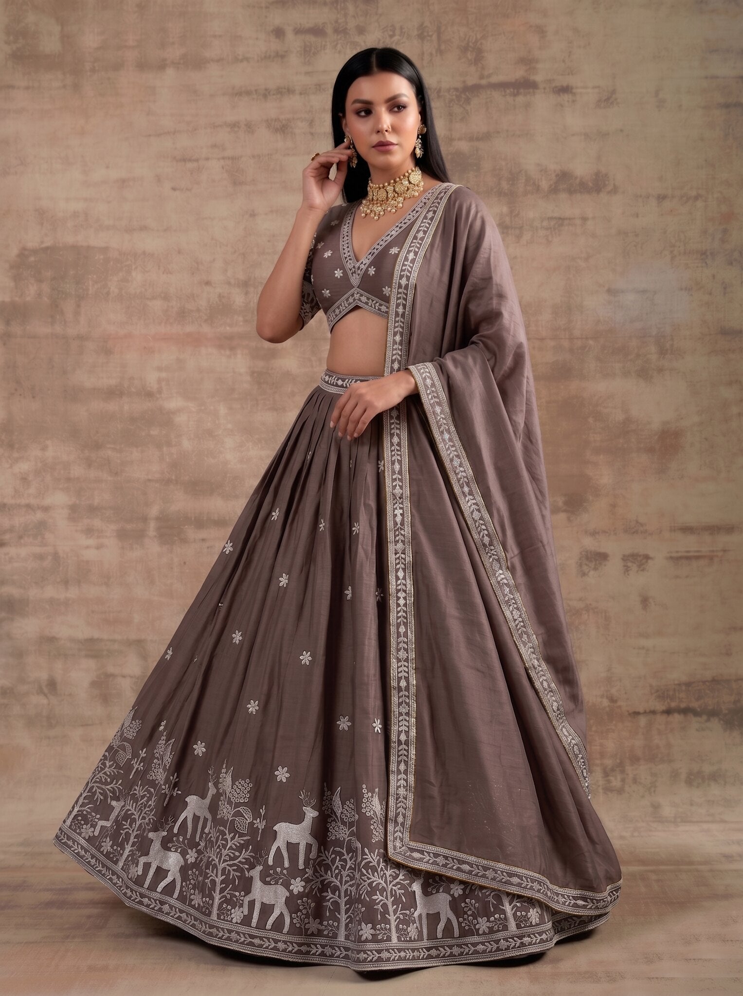 Taupe Brown Embroidered Lehenga Choli Set, Deer Motif Designer Lehenga, Indian Wedding Outfit, Silk Party Wear with Dupatta