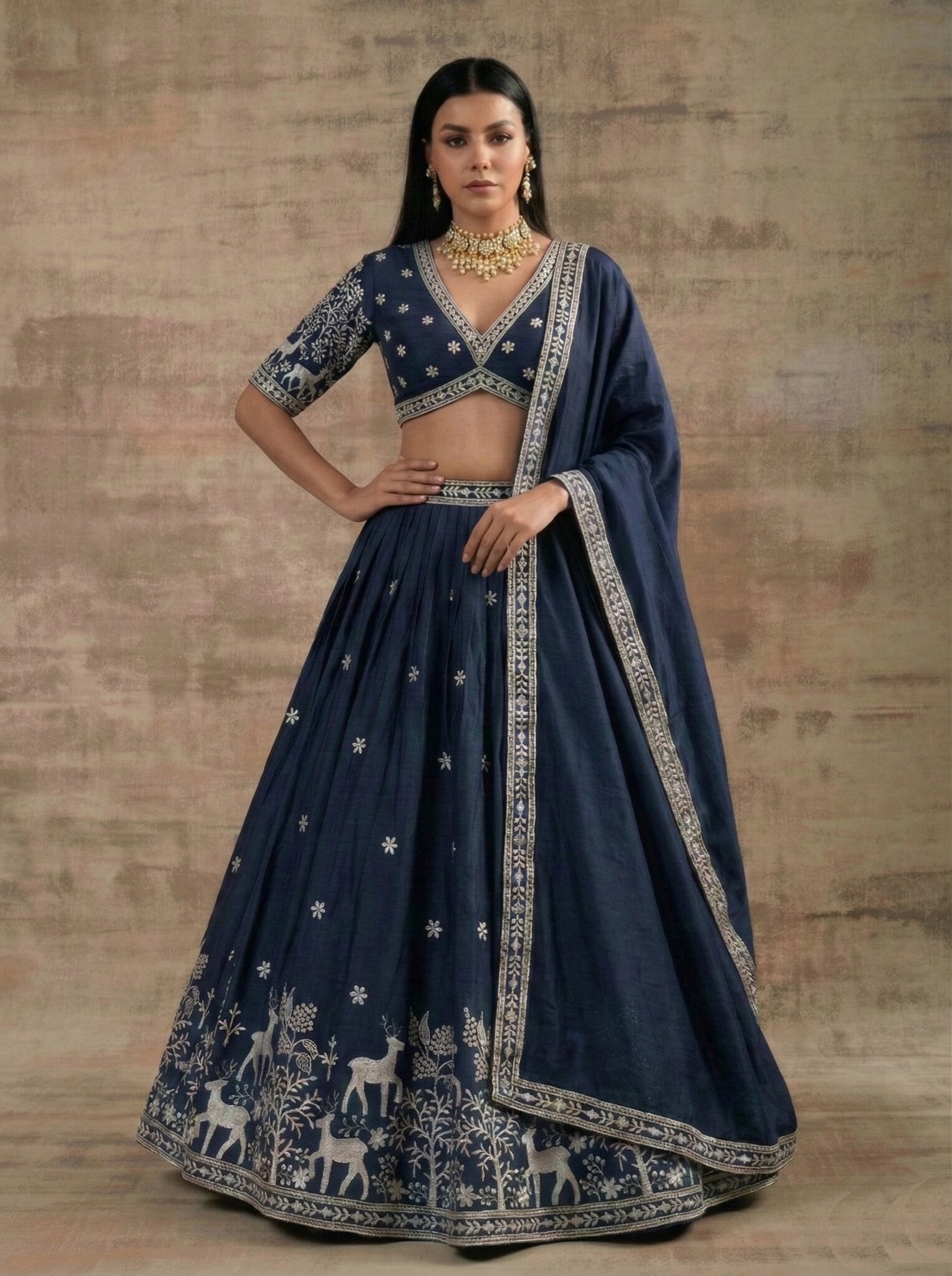 Navy Blue Embroidered Lehenga Choli Set, Deer Motif Designer Lehenga, Silk Wedding Lehenga, Indian Bridal Party Wear