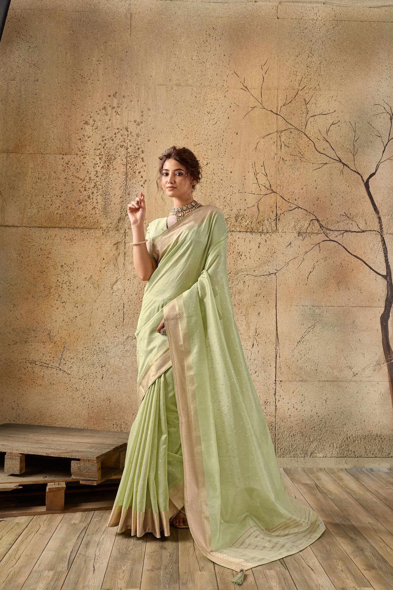 Premium Pista Green Soft Organza Silk Saree with Gold Zari Border | Elegant Wedding & Festive Wear Saree
