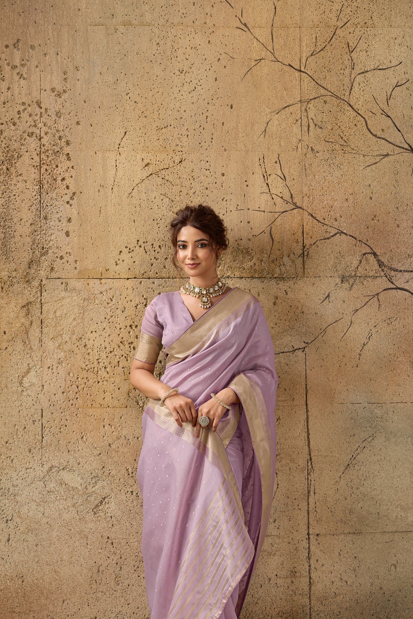 Lavender Soft Organza Silk Saree with Gold Zari Border | Designer Party Wear Indian Saree for Women