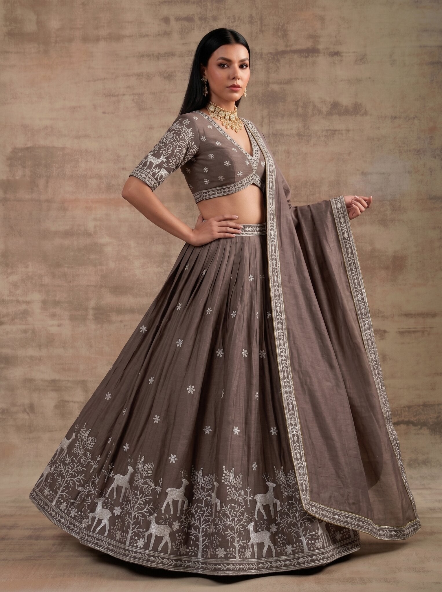 Taupe Brown Embroidered Lehenga Choli Set, Deer Motif Designer Lehenga, Indian Wedding Outfit, Silk Party Wear with Dupatta