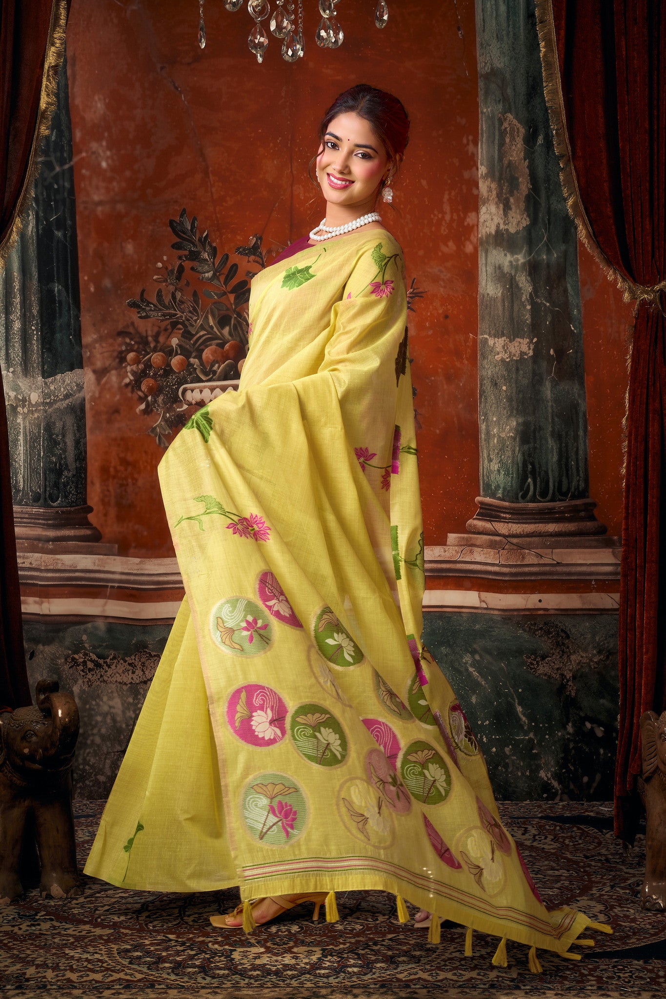 Gobuni Sridevi Khadi Cotton Saree with Natural Texture & Jhallar | Multi Colour Printed Cotton Saree