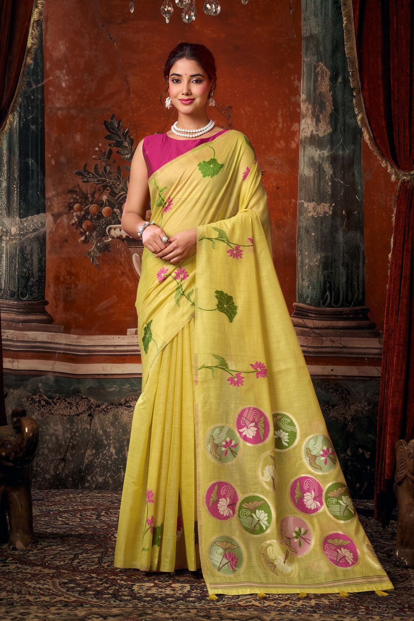 Gobuni Sridevi Khadi Cotton Saree with Natural Texture & Jhallar | Multi Colour Printed Cotton Saree