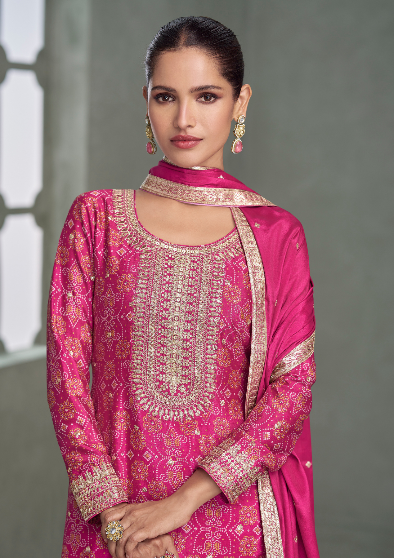 Premium Pink Color Chinnon Silk Salwar Suit with Plazzo & Dupatta – Free Size Stitched Designer Suit