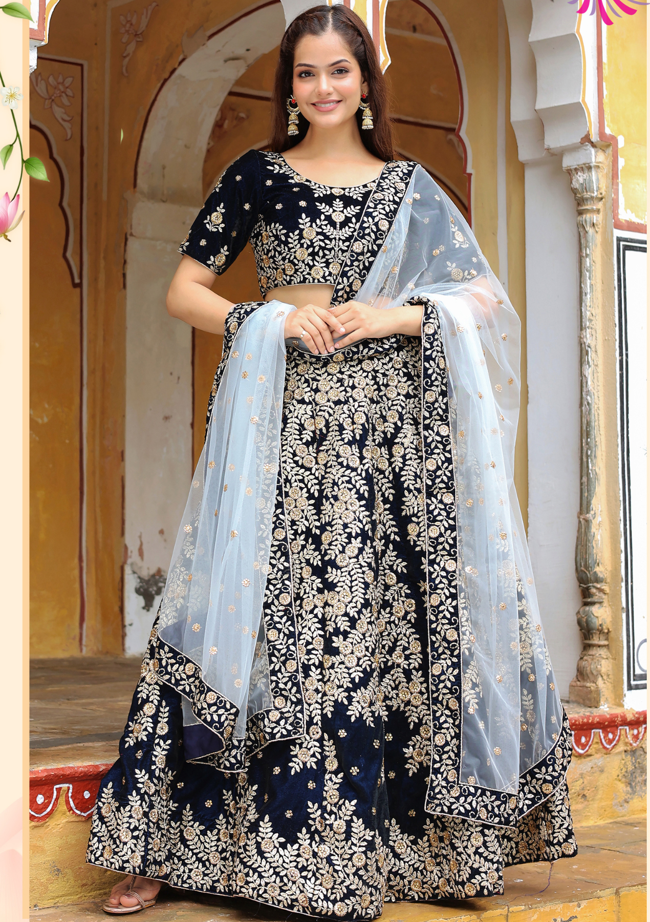 Navy Blue Velvet Embroidered Lehenga Choli with Diamond Work