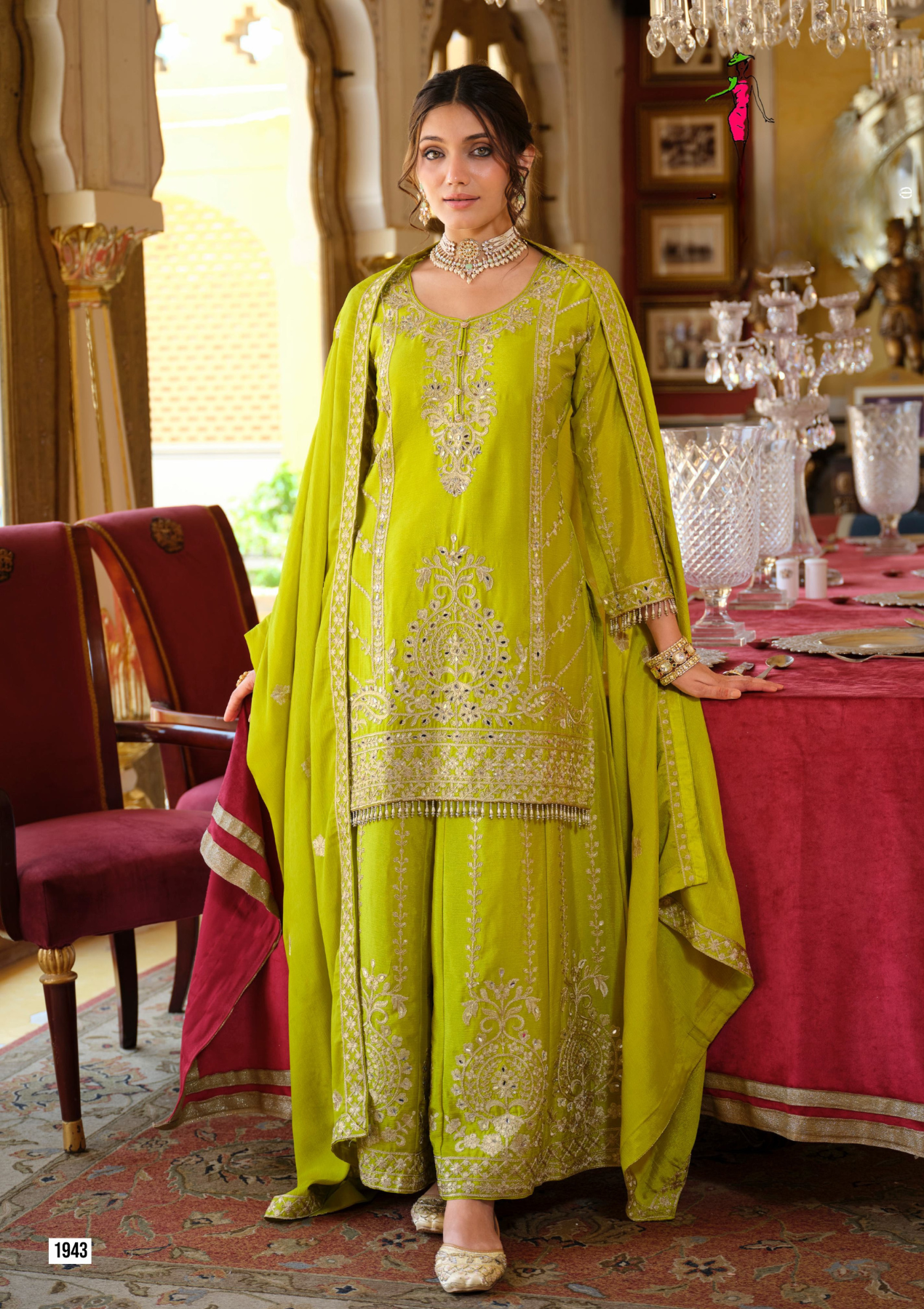 Heavy Chinon Embroidered Salwar Suit with Dupatta & Plazzo – Sizes M to 3XL