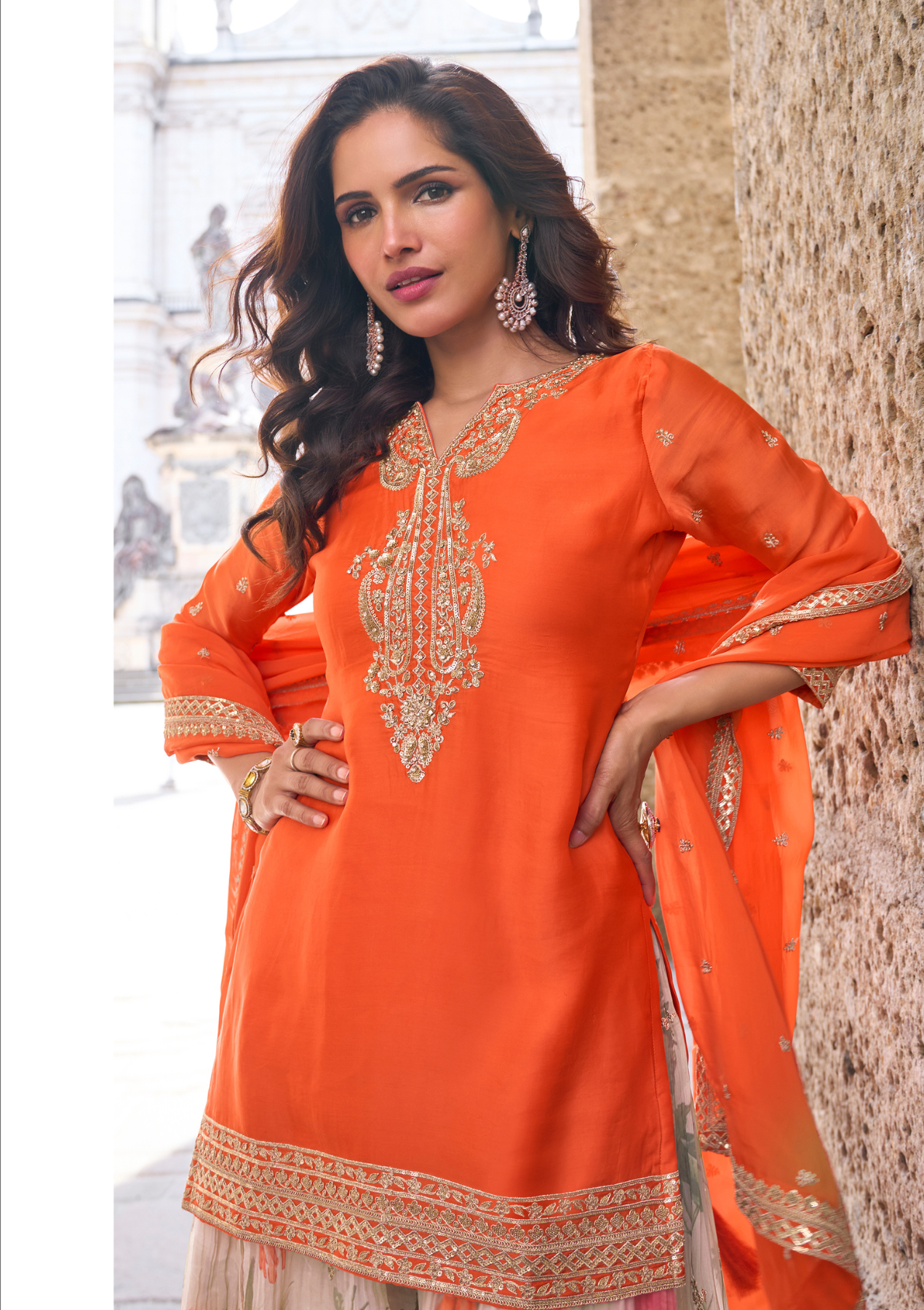 Real Chinon & Tabi Silk Digital Orange Color Salwar Suit with Embroidery – Sizes L to 3XL