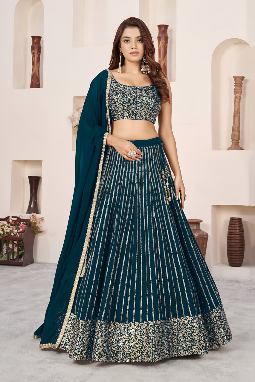 Teal Green Georgette Lehenga Choli with Zari & Multiple Sequins Embroidery | Wedding & Party Wear