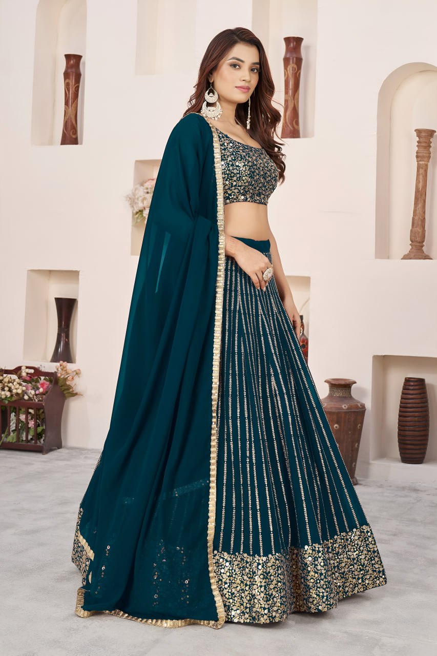 Teal Green Georgette Lehenga Choli with Zari & Multiple Sequins Embroidery | Wedding & Party Wear