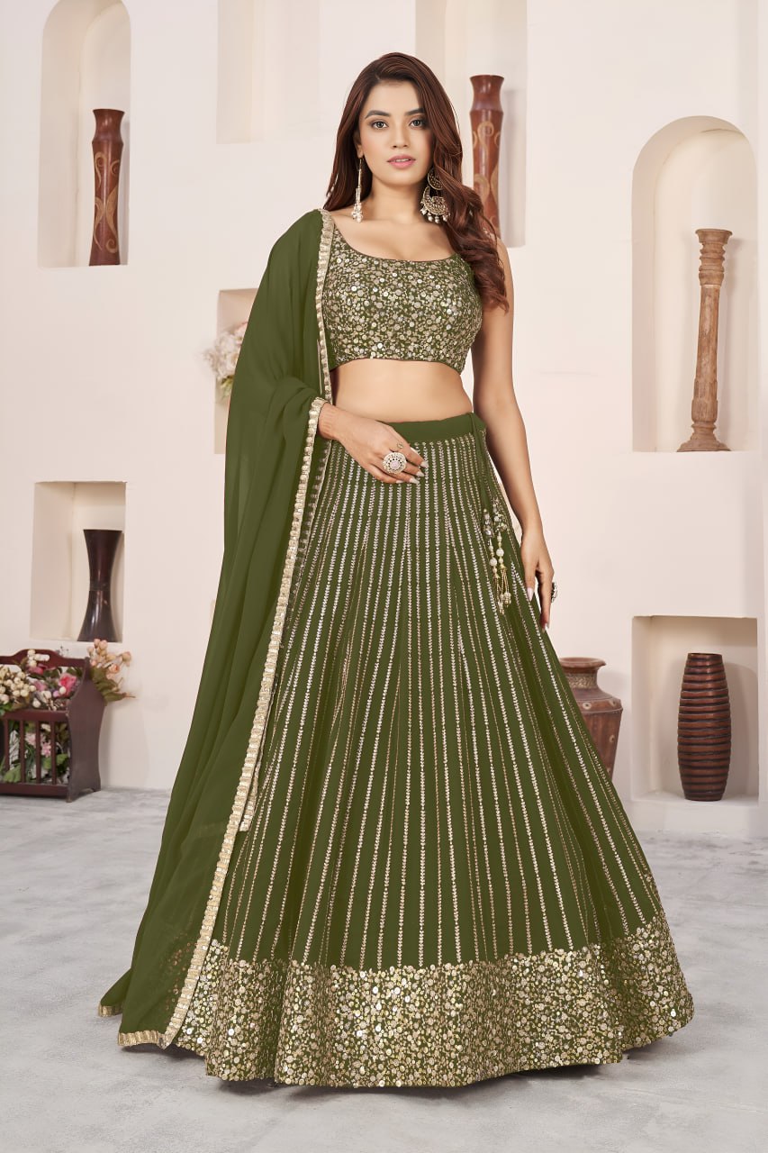 Olive Green Georgette Lehenga Choli with Zari & Multiple Sequins Embroidery | Wedding & Party Wear