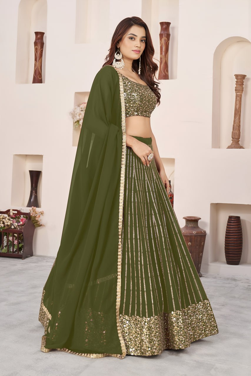 Olive Green Georgette Lehenga Choli with Zari & Multiple Sequins Embroidery | Wedding & Party Wear