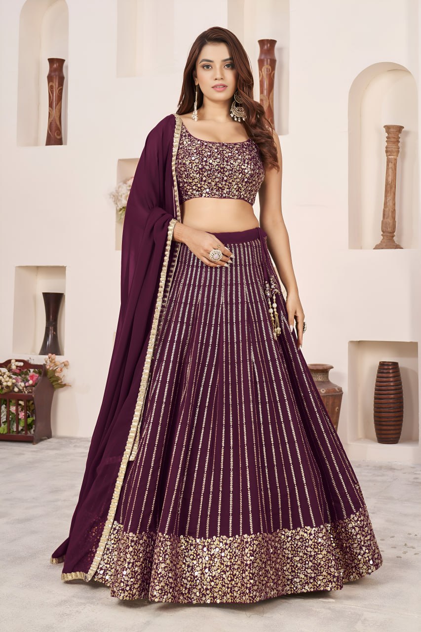 Wine Georgette Lehenga Choli with Zari & Multiple Sequins Embroidery | Wedding & Party Wear