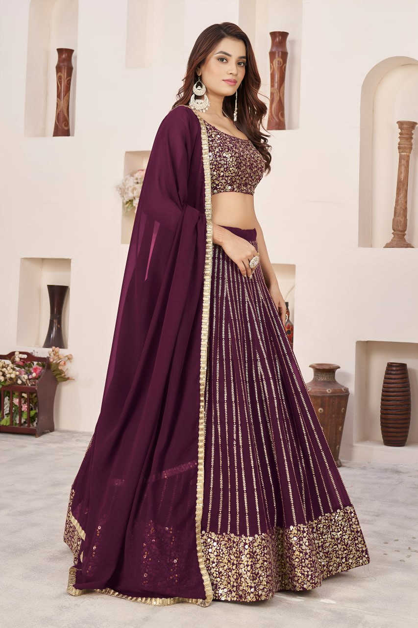 Wine Georgette Lehenga Choli with Zari & Multiple Sequins Embroidery | Wedding & Party Wear