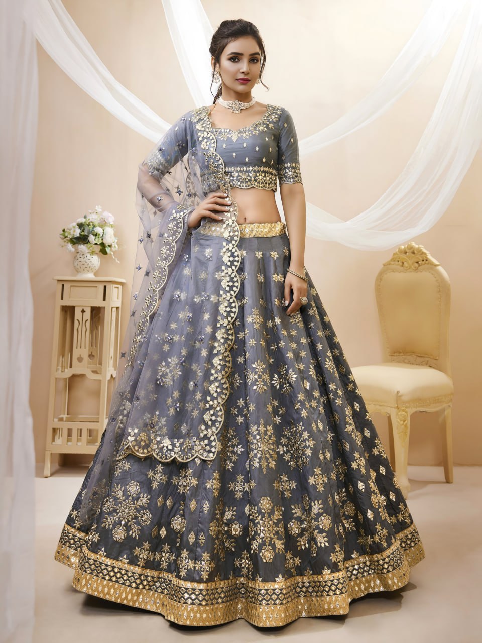 Grey Art Silk Lehenga Choli with Foil, Zari & Sequins Embroidery | Soft Net Dupatta | Wedding & Party Wear