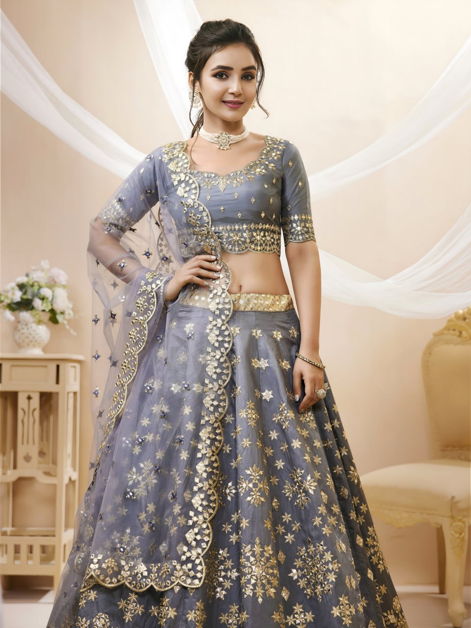 Grey Art Silk Lehenga Choli with Foil, Zari & Sequins Embroidery | Soft Net Dupatta | Wedding & Party Wear