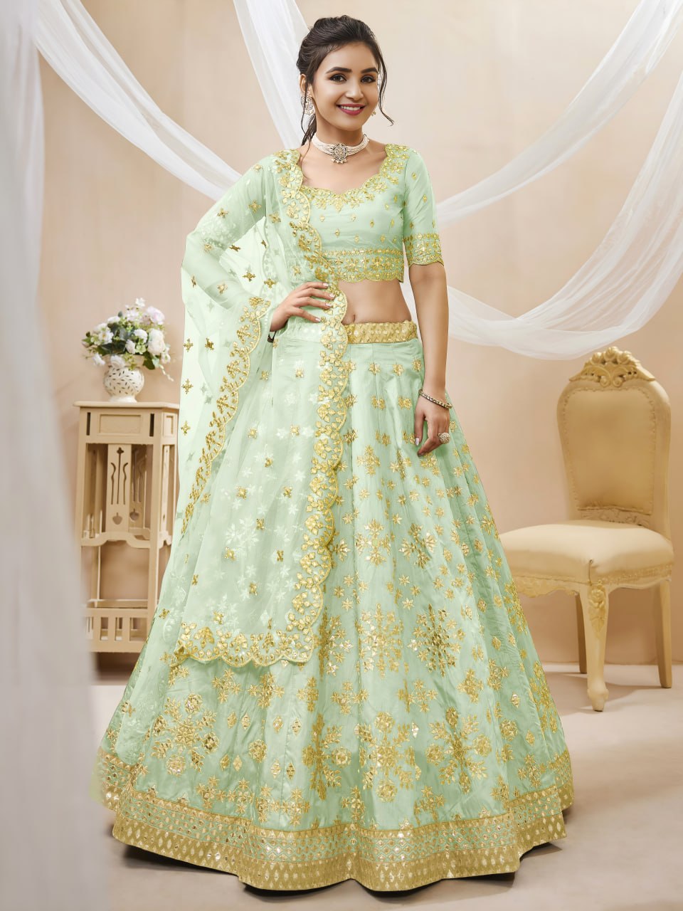 Pista Green Art Silk Lehenga Choli with Foil, Zari & Sequins Embroidery | Soft Net Dupatta | Wedding & Festive Wear