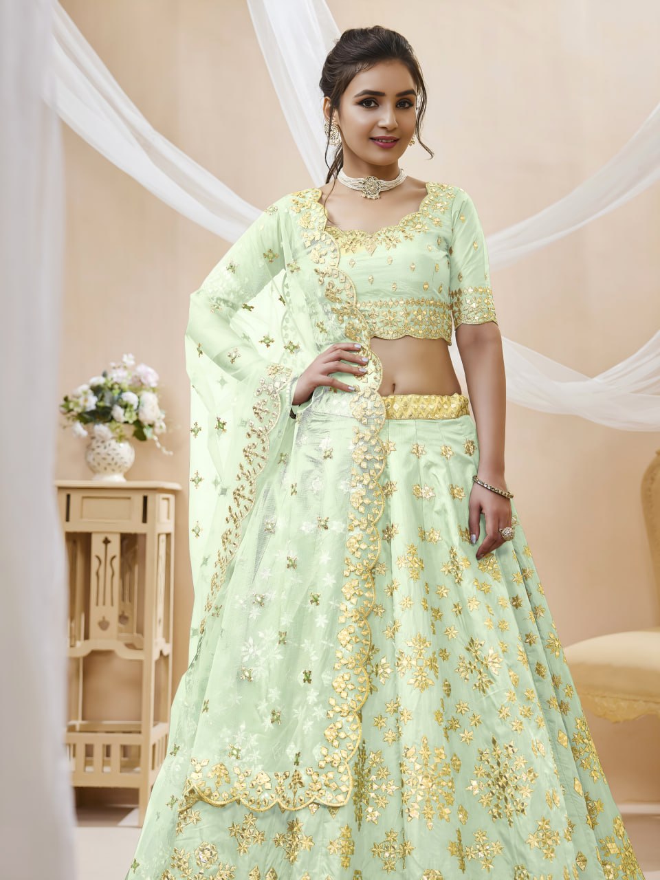 Pista Green Art Silk Lehenga Choli with Foil, Zari & Sequins Embroidery | Soft Net Dupatta | Wedding & Festive Wear
