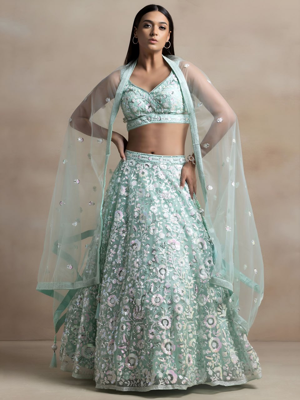 Aqua Blue Soft Net Lehenga Choli with Floral Thread & Multiple Sequins Embroidery | Wedding & Party Wear