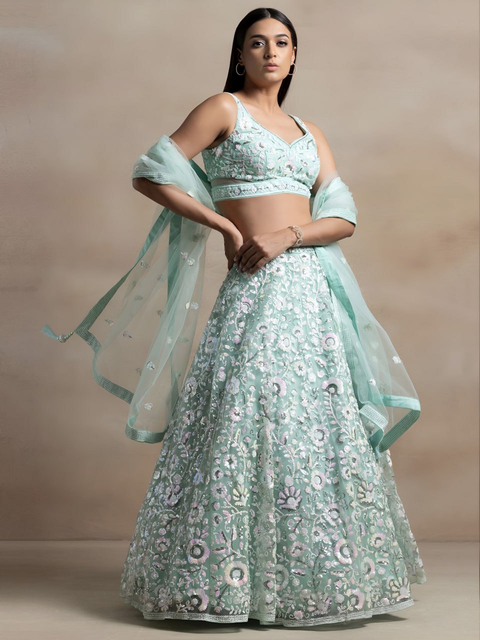 Aqua Blue Soft Net Lehenga Choli with Floral Thread & Multiple Sequins Embroidery | Wedding & Party Wear