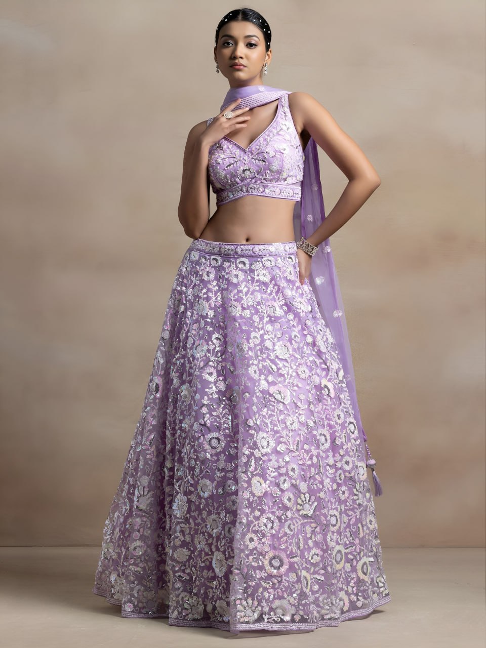 Lavender Soft Net Lehenga Choli with Floral Thread & Multiple Sequins Embroidery | Wedding & Party Wear