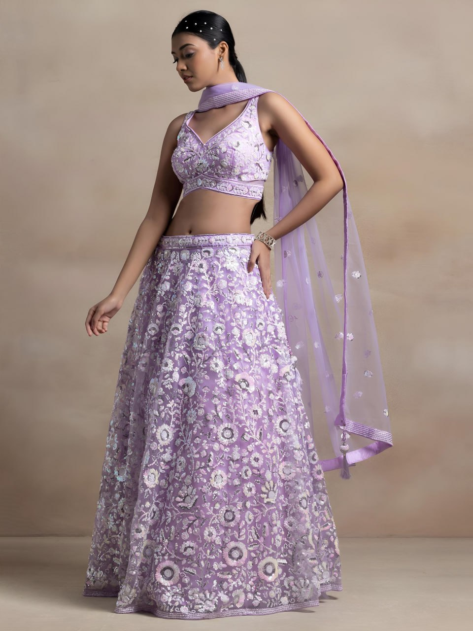 Lavender Soft Net Lehenga Choli with Floral Thread & Multiple Sequins Embroidery | Wedding & Party Wear