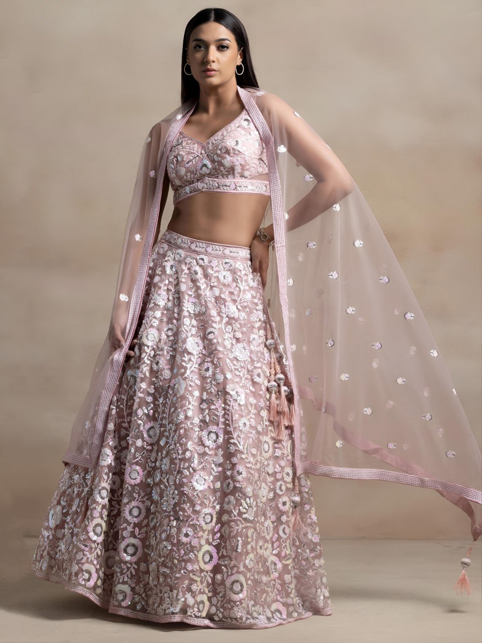 Pink Soft Net Lehenga Choli with Floral Thread & Multiple Sequins Embroidery | Wedding & Party Wear