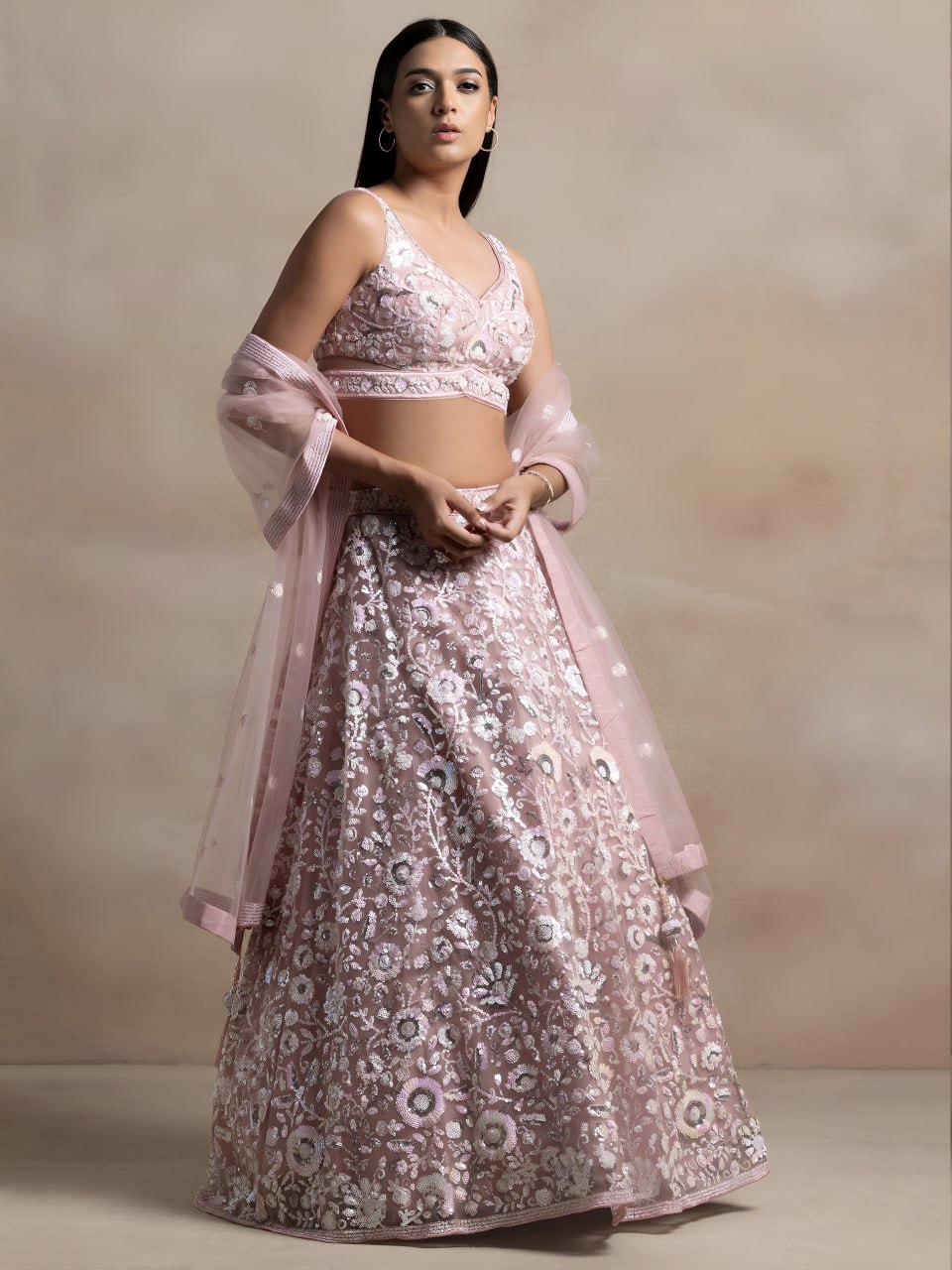 Pink Soft Net Lehenga Choli with Floral Thread & Multiple Sequins Embroidery | Wedding & Party Wear
