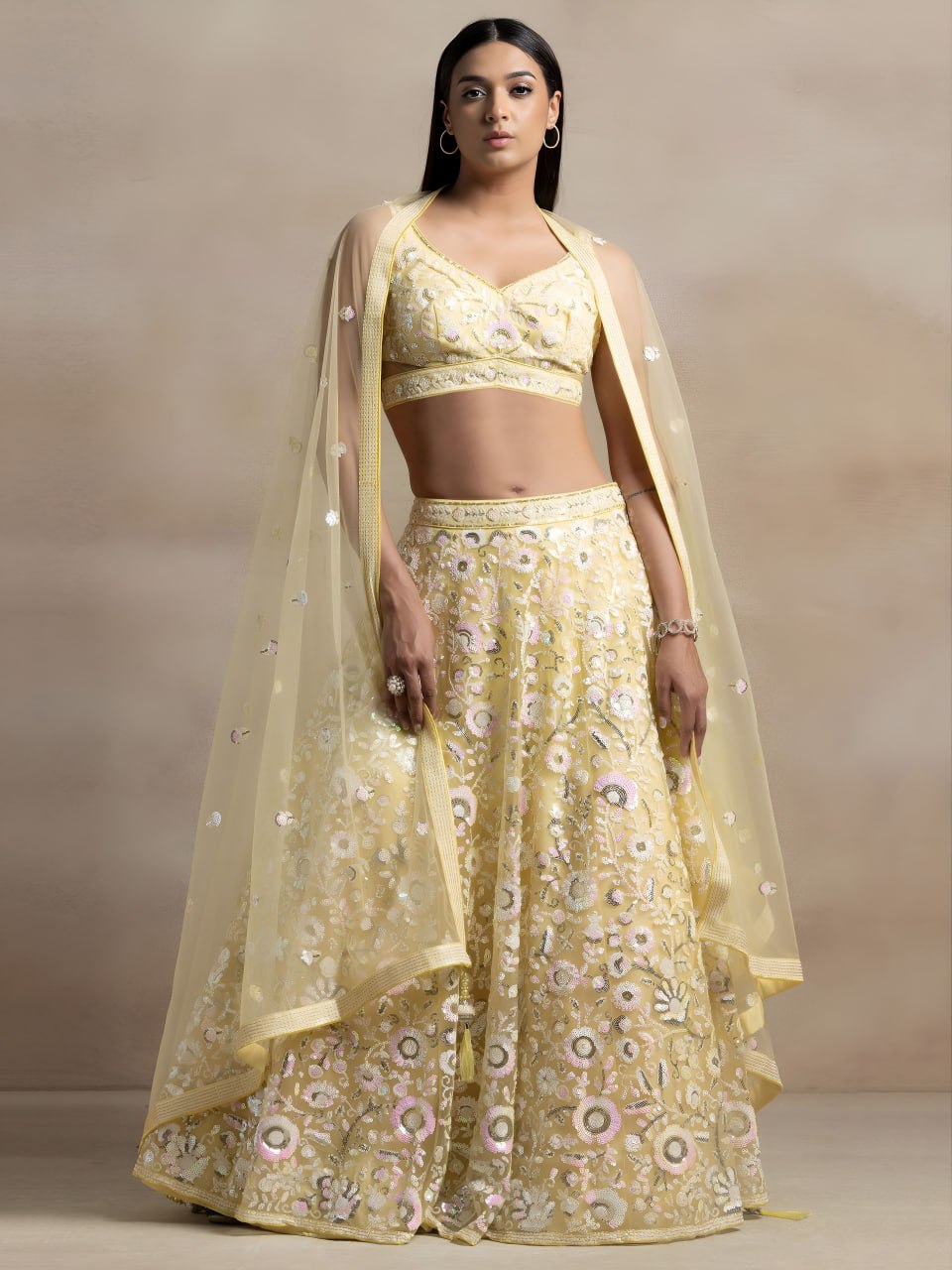 Pastel Yellow Soft Net Lehenga Choli with Floral Thread & Multiple Sequins Embroidery | Wedding & Party Wear