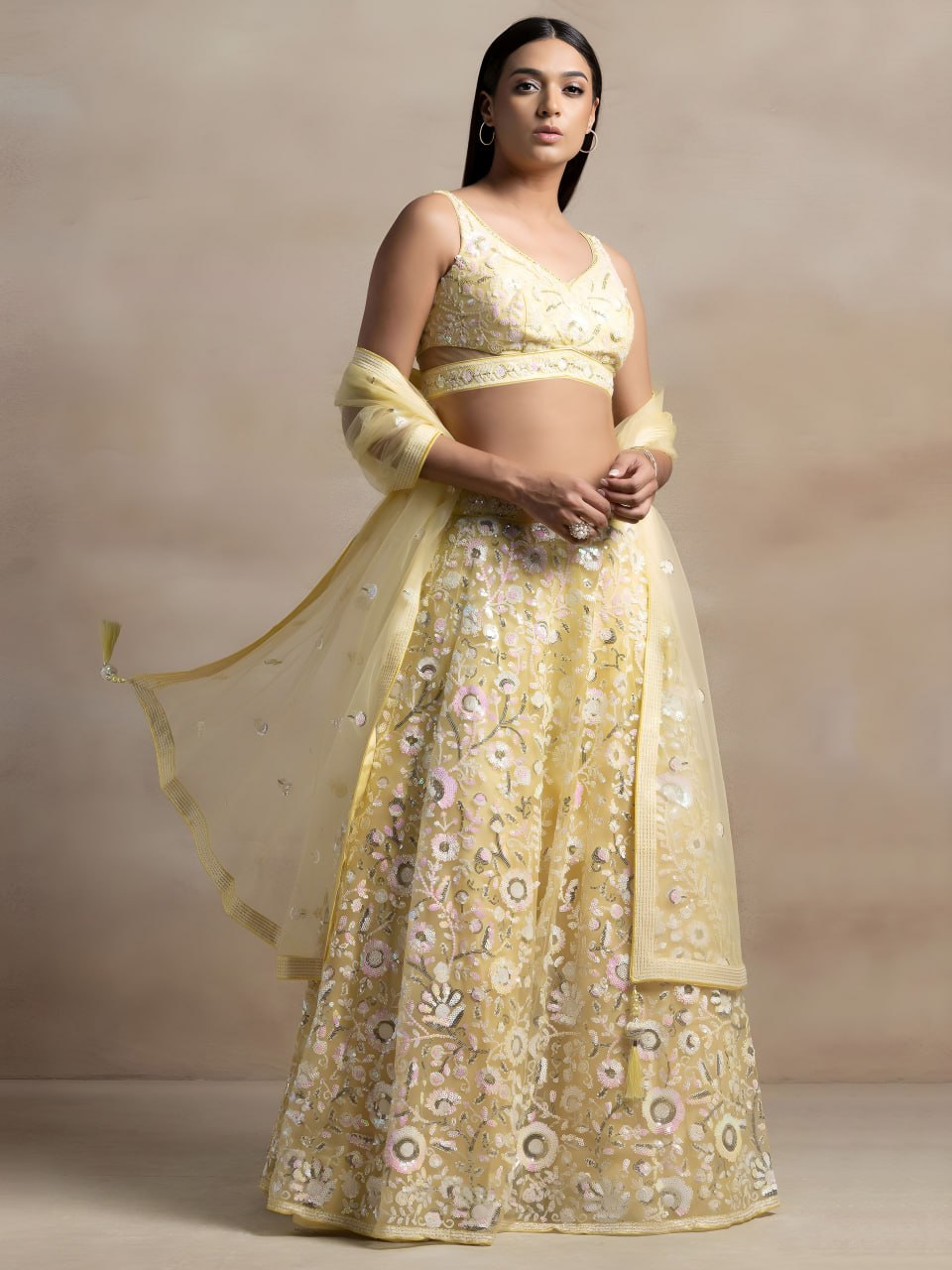 Pastel Yellow Soft Net Lehenga Choli with Floral Thread & Multiple Sequins Embroidery | Wedding & Party Wear