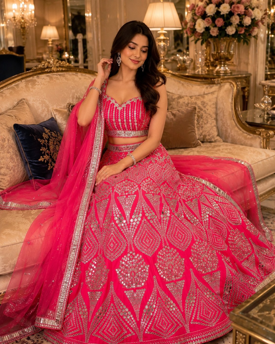 Premium Malai Satin Lehenga Choli with Coding, Foil, Sequins & Real Mirror Work | Organza Dupatta | Wedding & Party Wear