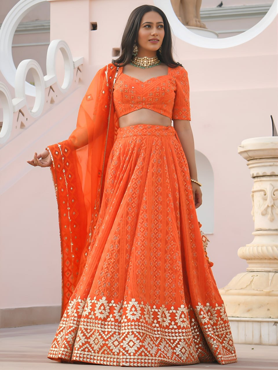Vibrant Orange Georgette Lehenga Choli with Thread, Sequins & Gotta Patti Embroidery | Organza Dupatta | Wedding & Festive Wear