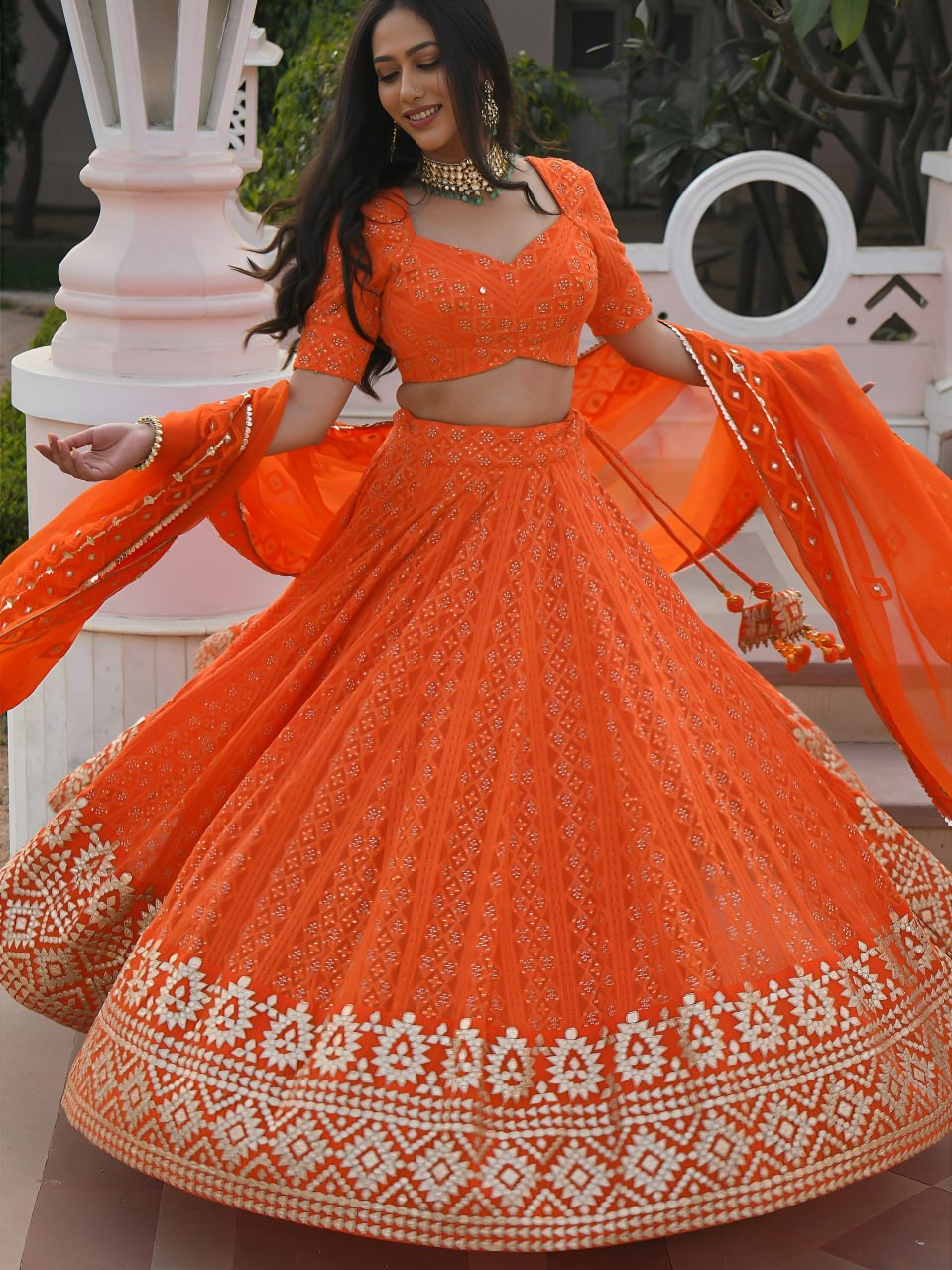 Vibrant Orange Georgette Lehenga Choli with Thread, Sequins & Gotta Patti Embroidery | Organza Dupatta | Wedding & Festive Wear