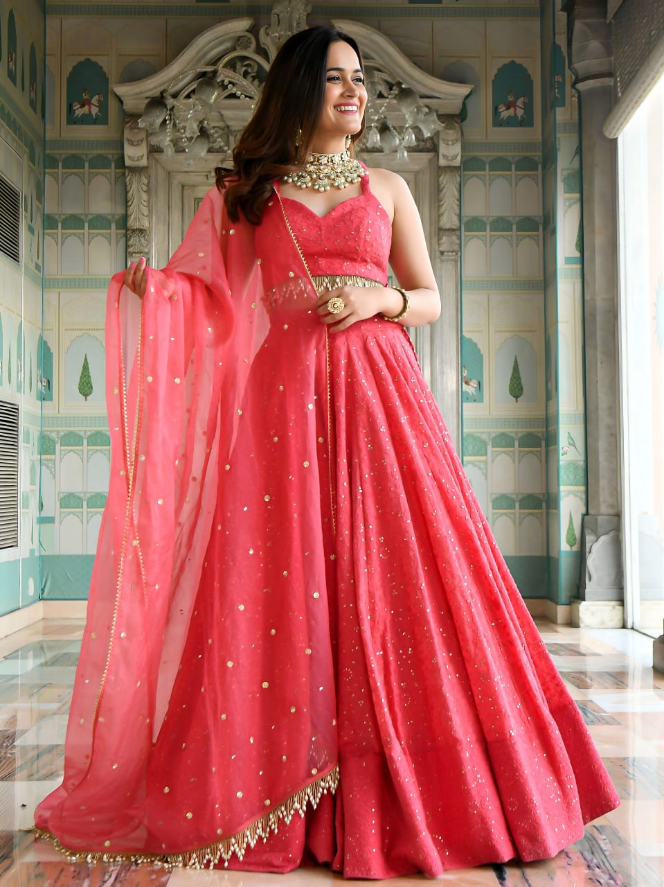 Coral Rose Georgette Lehenga Choli with Thread & Sequins Embroidery | Organza Dupatta | Wedding & Party Wear
