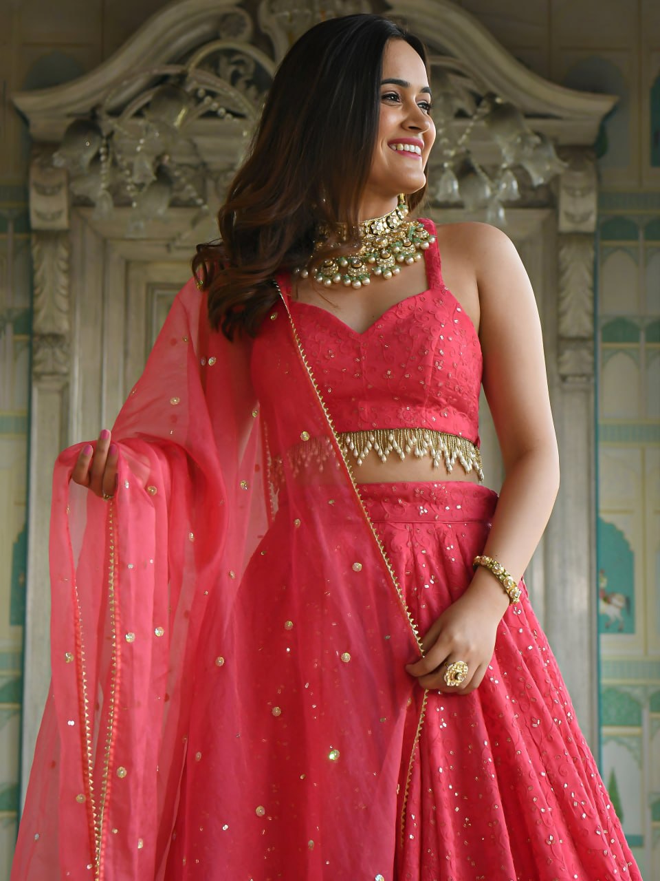 Coral Rose Georgette Lehenga Choli with Thread & Sequins Embroidery | Organza Dupatta | Wedding & Party Wear