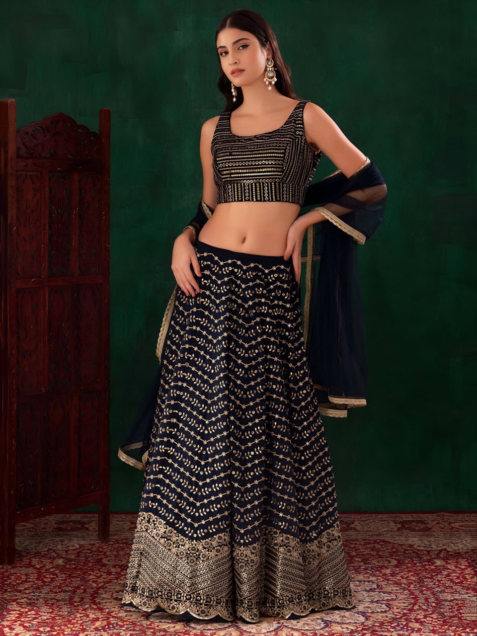 Women's Georgette Zari & Multiple Sequins Embroidered Semi-Stitched Lehenga Choli with Soft Net Dupatta | A-Line Bridal Wedding Party Wear