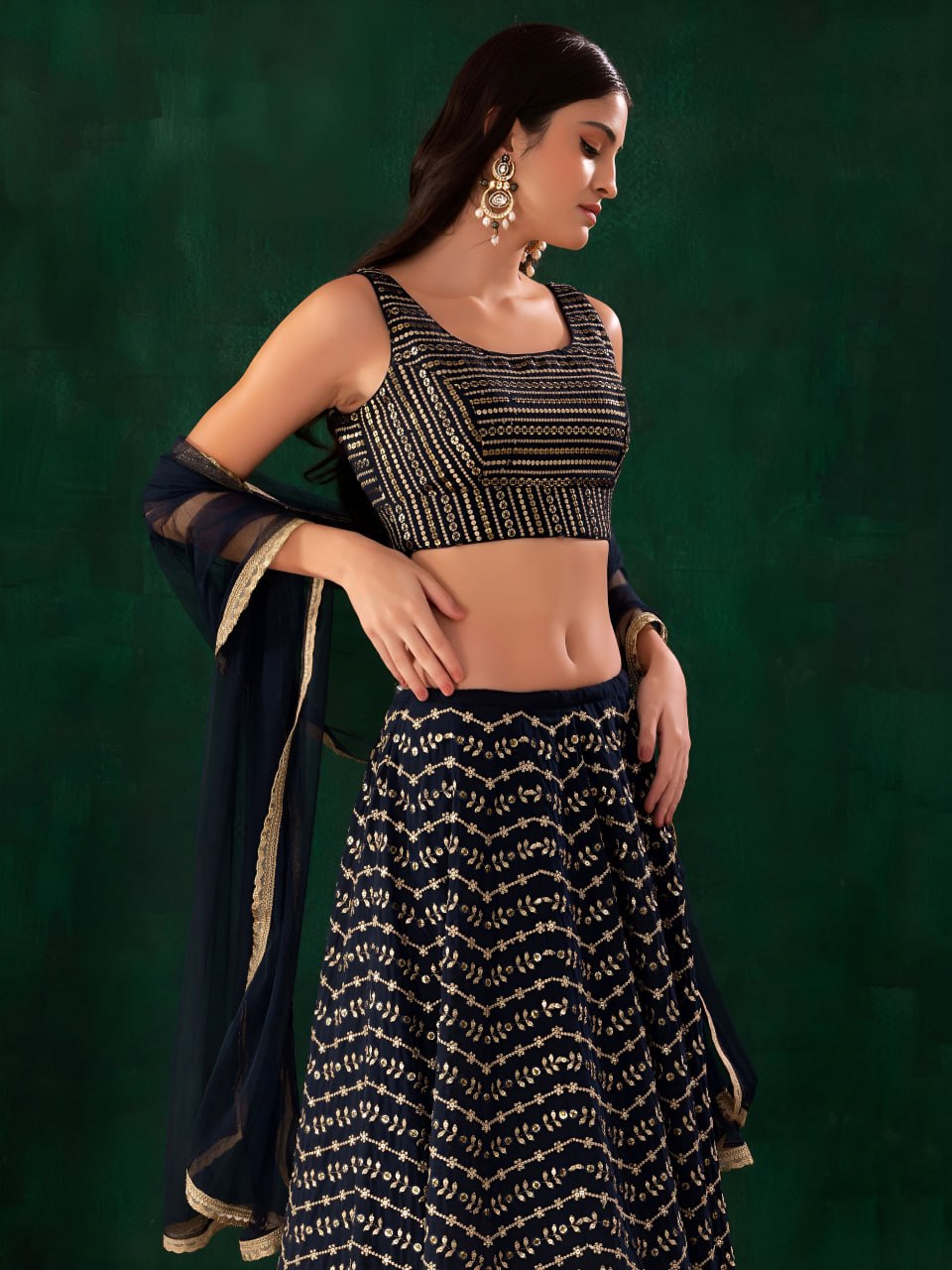Women's Georgette Zari & Multiple Sequins Embroidered Semi-Stitched Lehenga Choli with Soft Net Dupatta | A-Line Bridal Wedding Party Wear