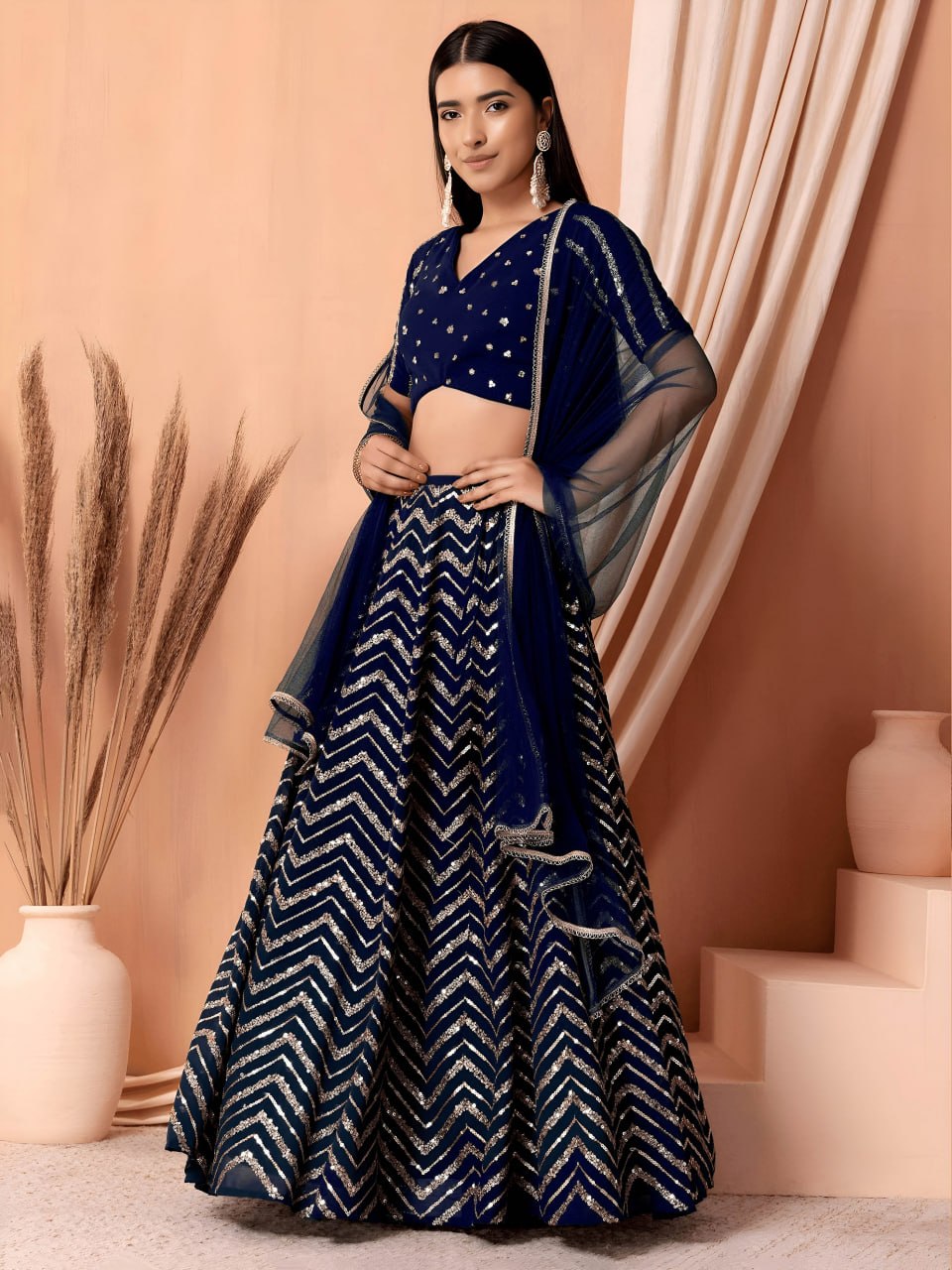 Designer Georgette Zari & Sequins Embroidered Lehenga Choli with Soft Net Dupatta | Semi-Stitched Wedding Wear