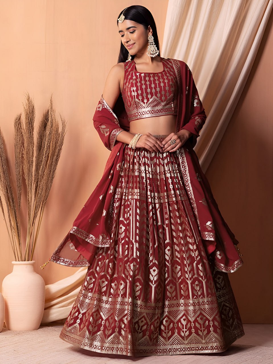Designer Georgette Thread & Sequins Embroidered Lehenga Choli with Dupatta | Semi-Stitched Wedding & Party Wear