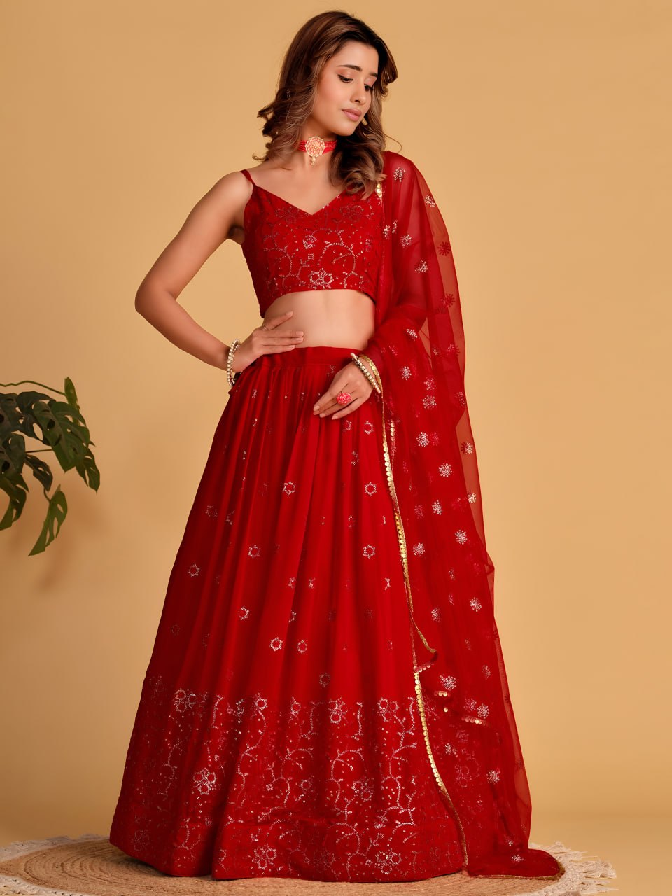 Scarlet Red Georgette Lehenga Choli with Zari & Sequins Embroidery | Semi-Stitched Wedding & Party Wear Lehenga