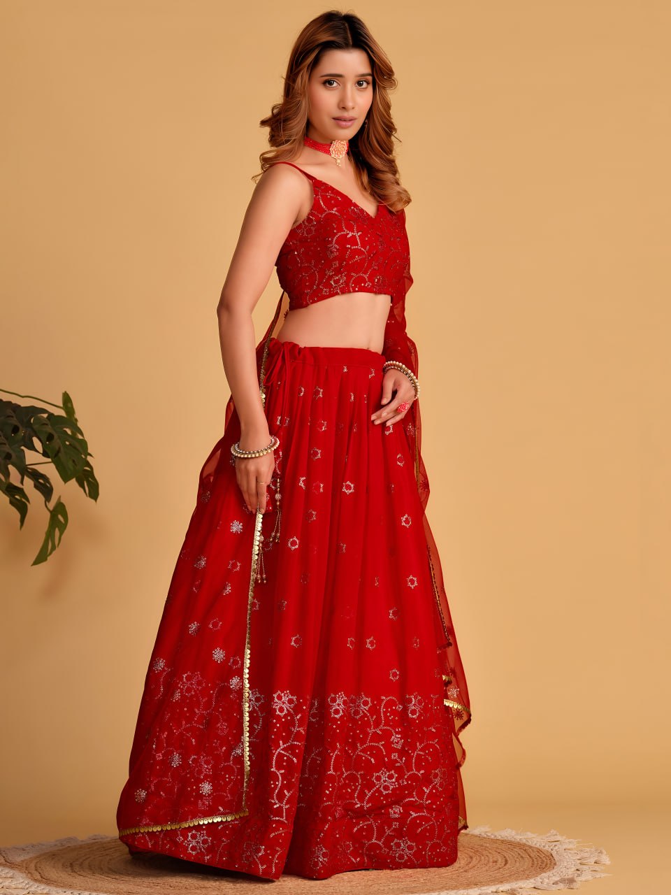 Scarlet Red Georgette Lehenga Choli with Zari & Sequins Embroidery | Semi-Stitched Wedding & Party Wear Lehenga