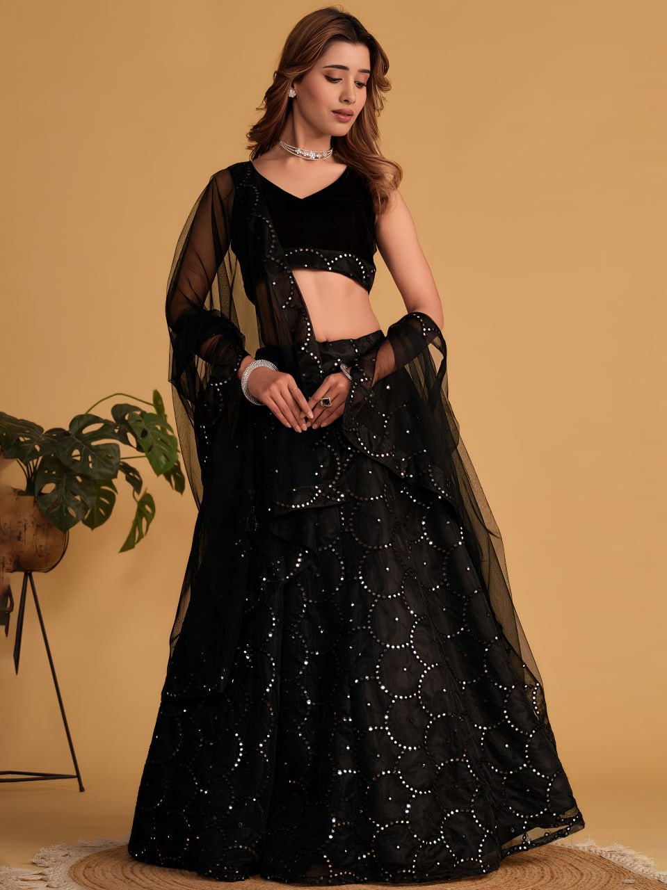 Midnight Black Organza Net Lehenga Choli with Thread & Sequins Embroidery | Velvet Blouse | Designer Wedding & Reception Wear