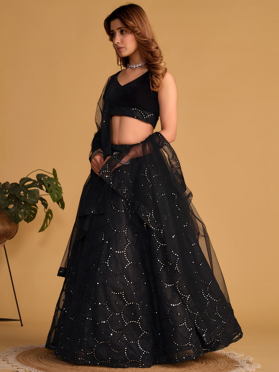 Midnight Black Organza Net Lehenga Choli with Thread & Sequins Embroidery | Velvet Blouse | Designer Wedding & Reception Wear