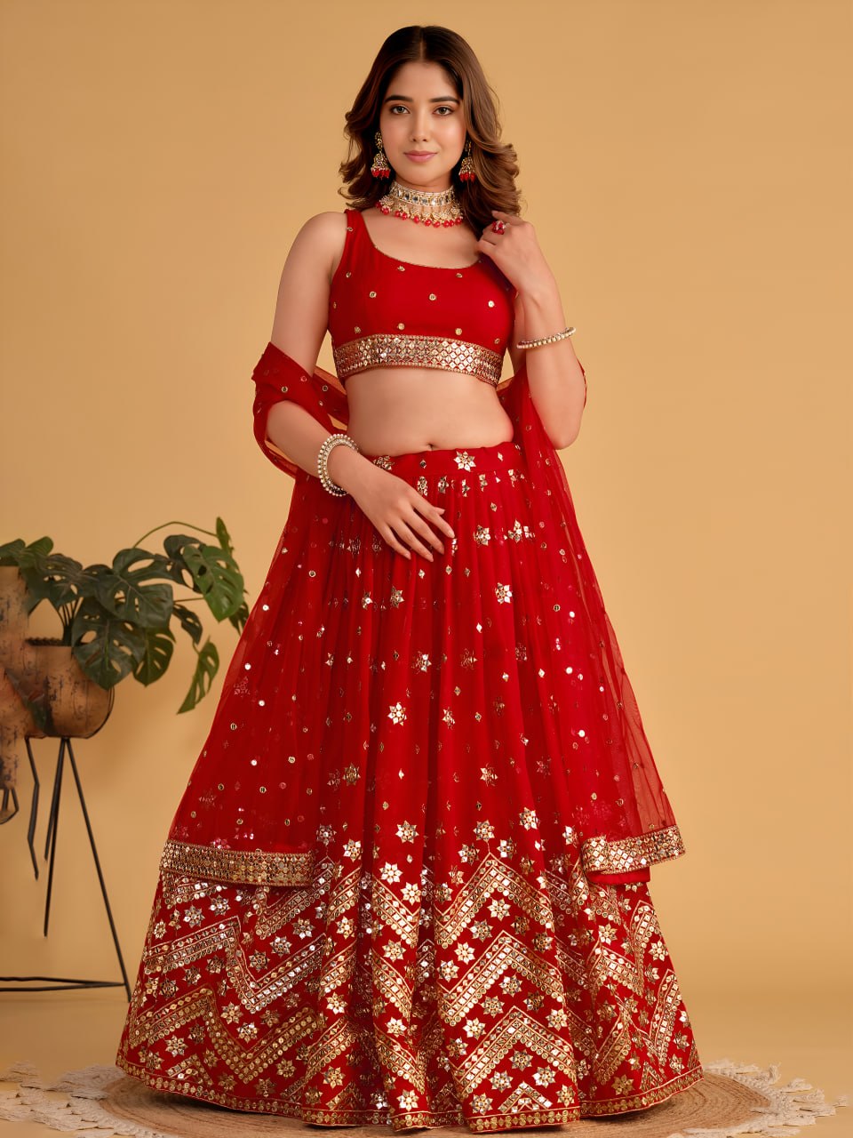 Scarlet Red Georgette Lehenga Choli with Zari & Sequins Embroidery | Semi-Stitched Wedding & Reception Wear