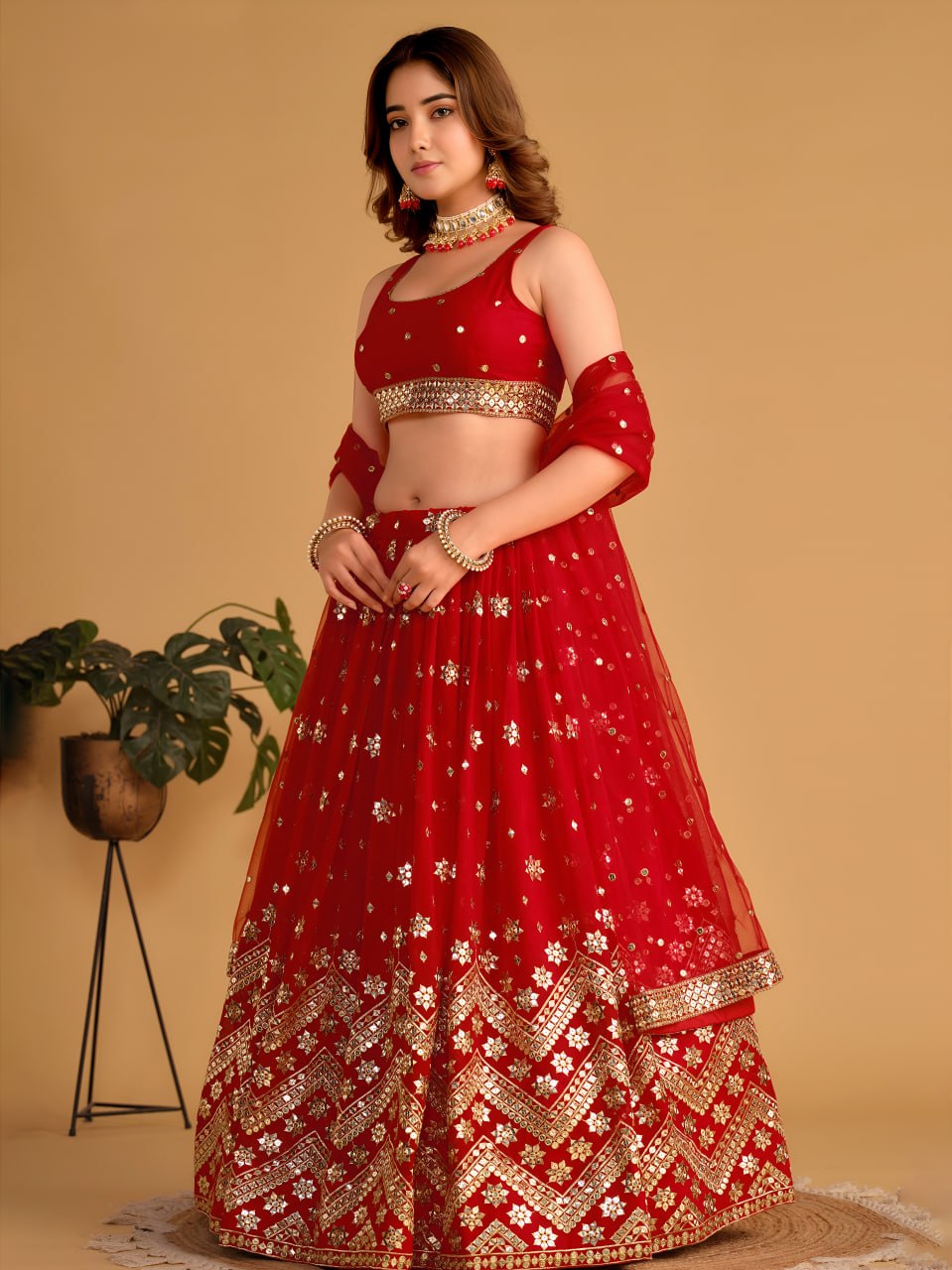 Scarlet Red Georgette Lehenga Choli with Zari & Sequins Embroidery | Semi-Stitched Wedding & Reception Wear