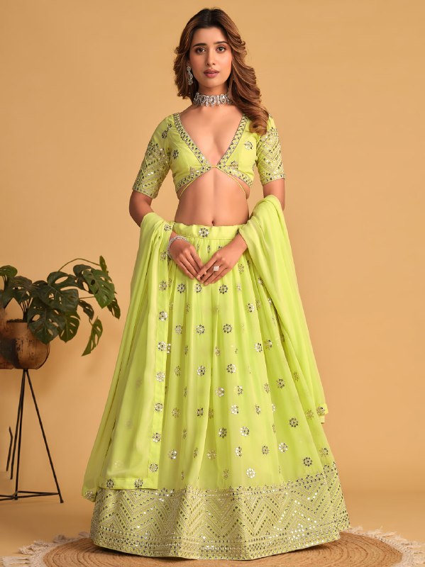 Lime Green Georgette Lehenga Choli with Zari & Sequins Embroidery | Semi-Stitched Wedding & Reception Wear