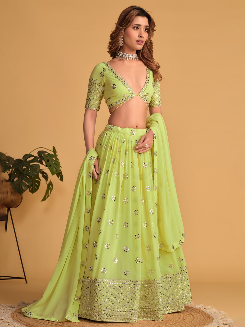 Lime Green Georgette Lehenga Choli with Zari & Sequins Embroidery | Semi-Stitched Wedding & Reception Wear