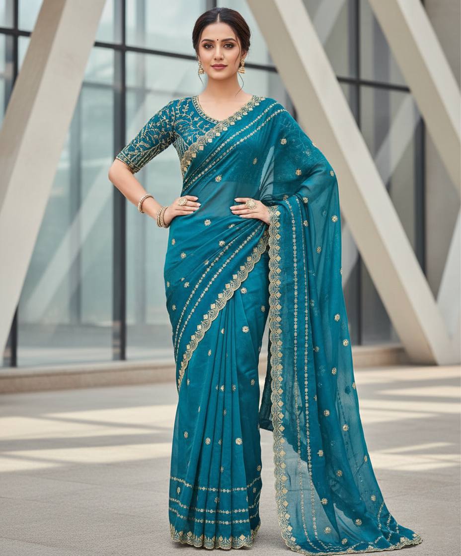 Fandy Satin Silk Saree with Designer Sequins & Zari Embroidery Cutwork Border | Festive Wedding Saree with Unstitched Blouse