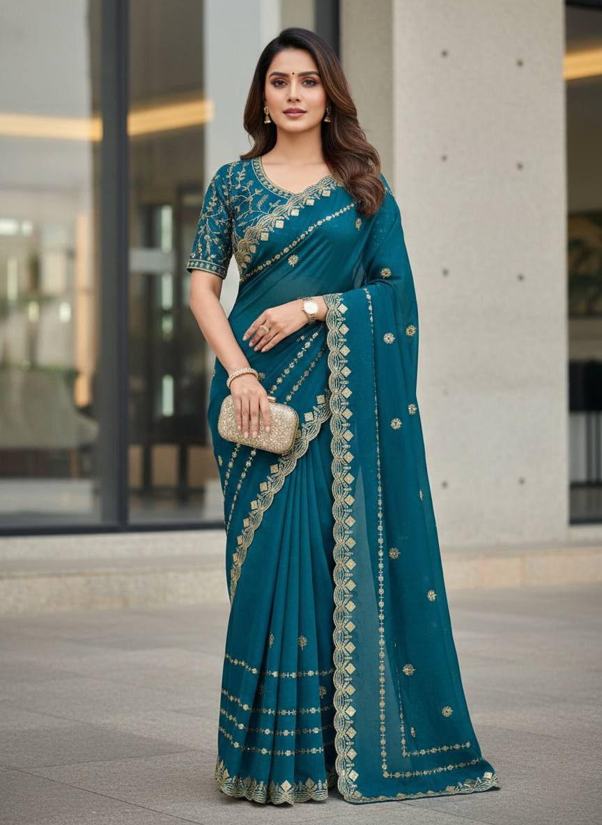 Fandy Satin Silk Saree with Designer Sequins & Zari Embroidery Cutwork Border | Festive Wedding Saree with Unstitched Blouse