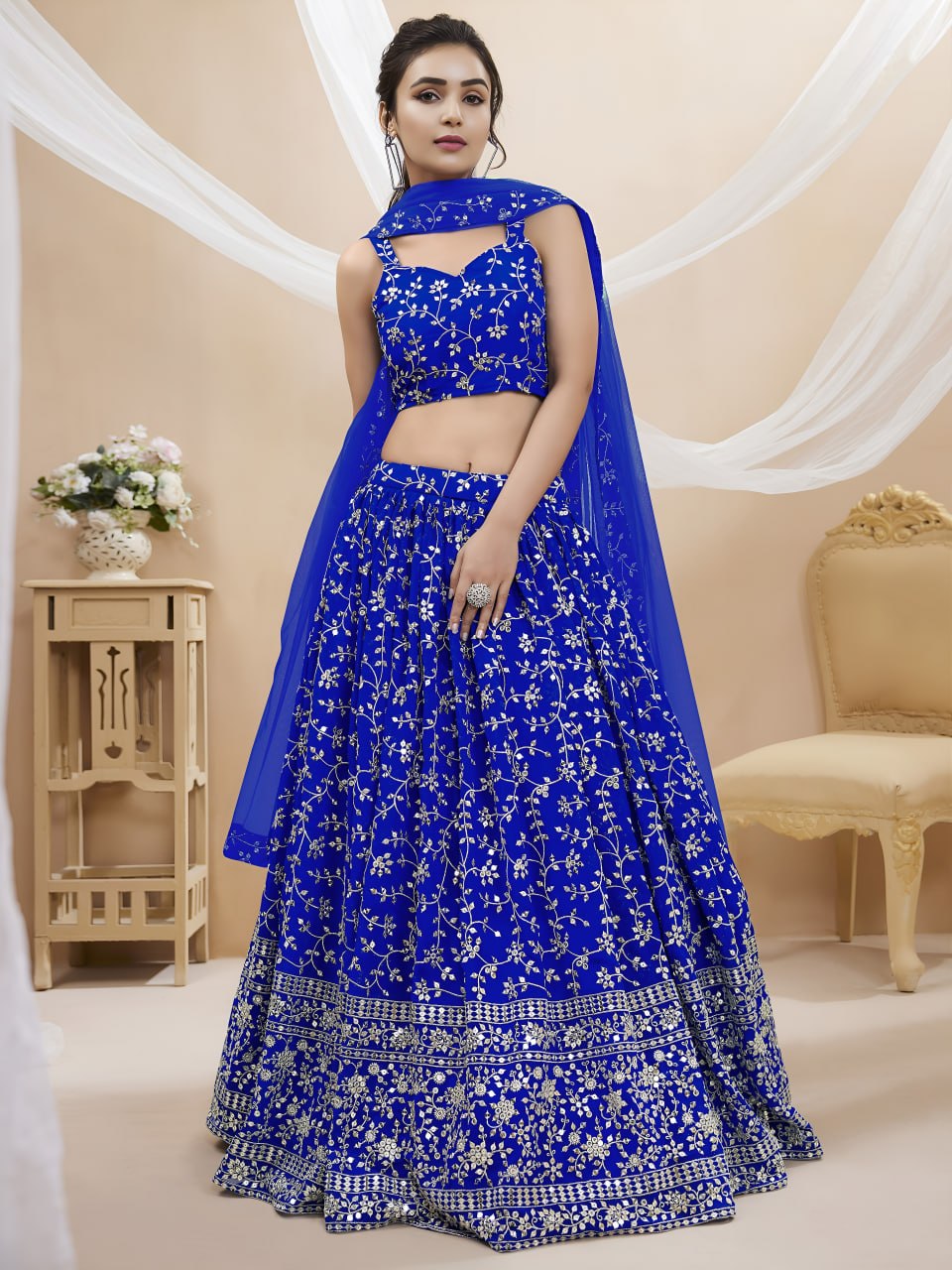 Royal Blue Georgette Lehenga Choli with Zari & Sequins Embroidery | Wedding & Party Wear