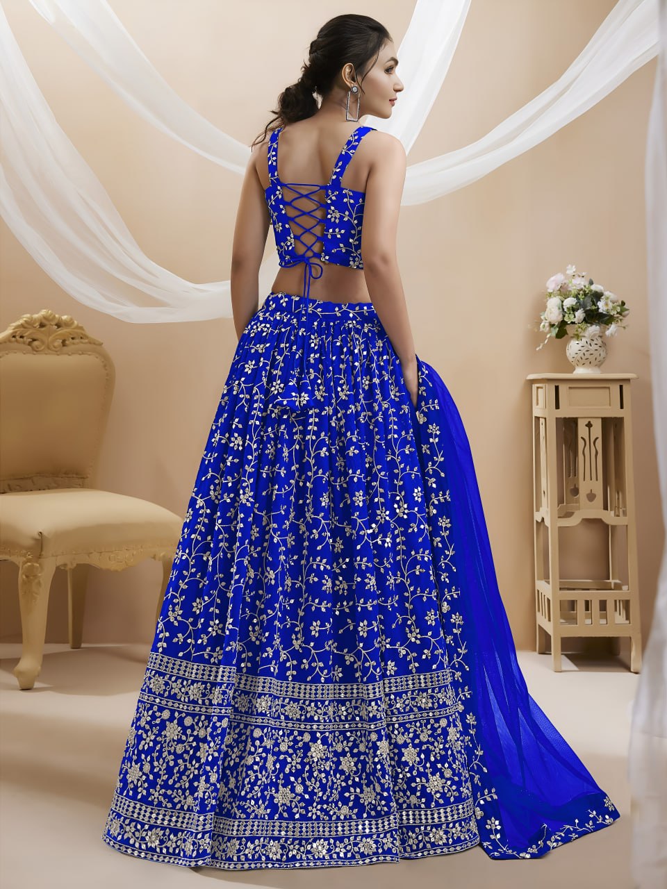 Royal Blue Georgette Lehenga Choli with Zari & Sequins Embroidery | Wedding & Party Wear